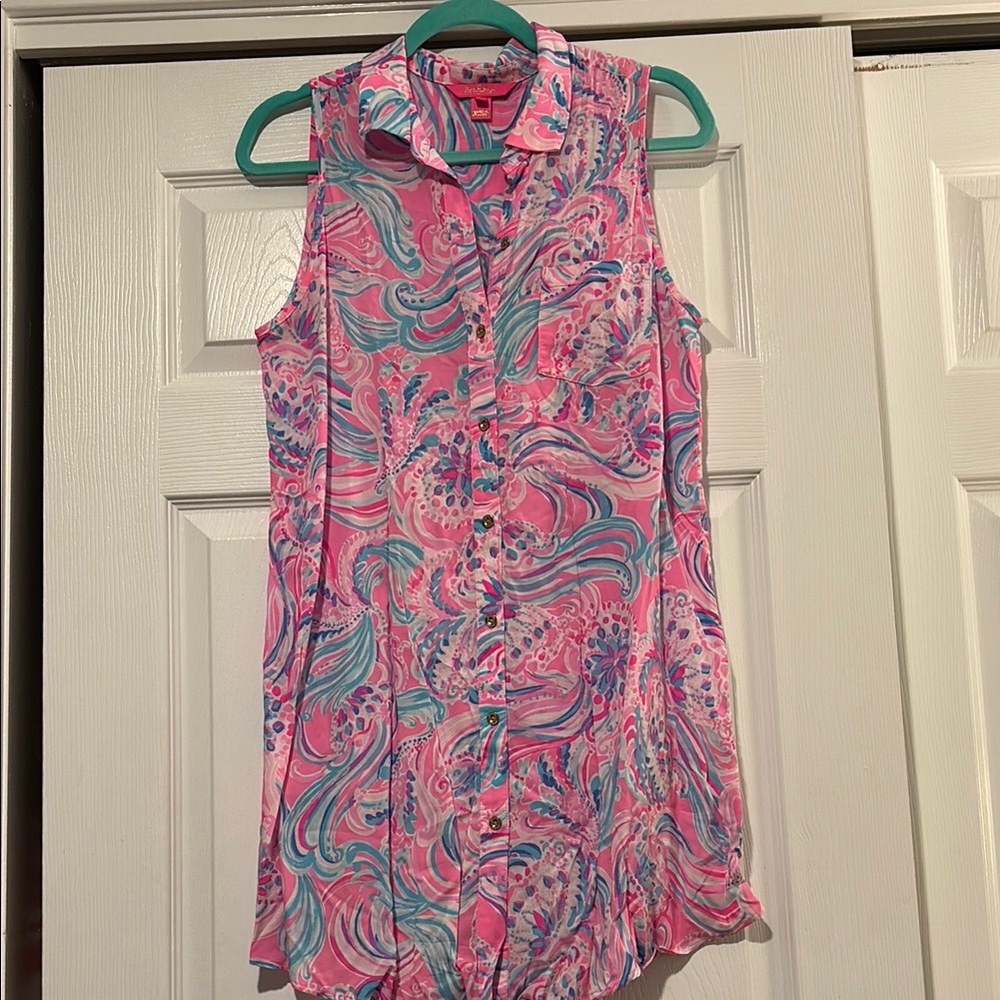 Lilly Pulitzer Pink & Blue 🌊 Beach Cover up or Mini Dress Gold Buttons Small 🩵🩷